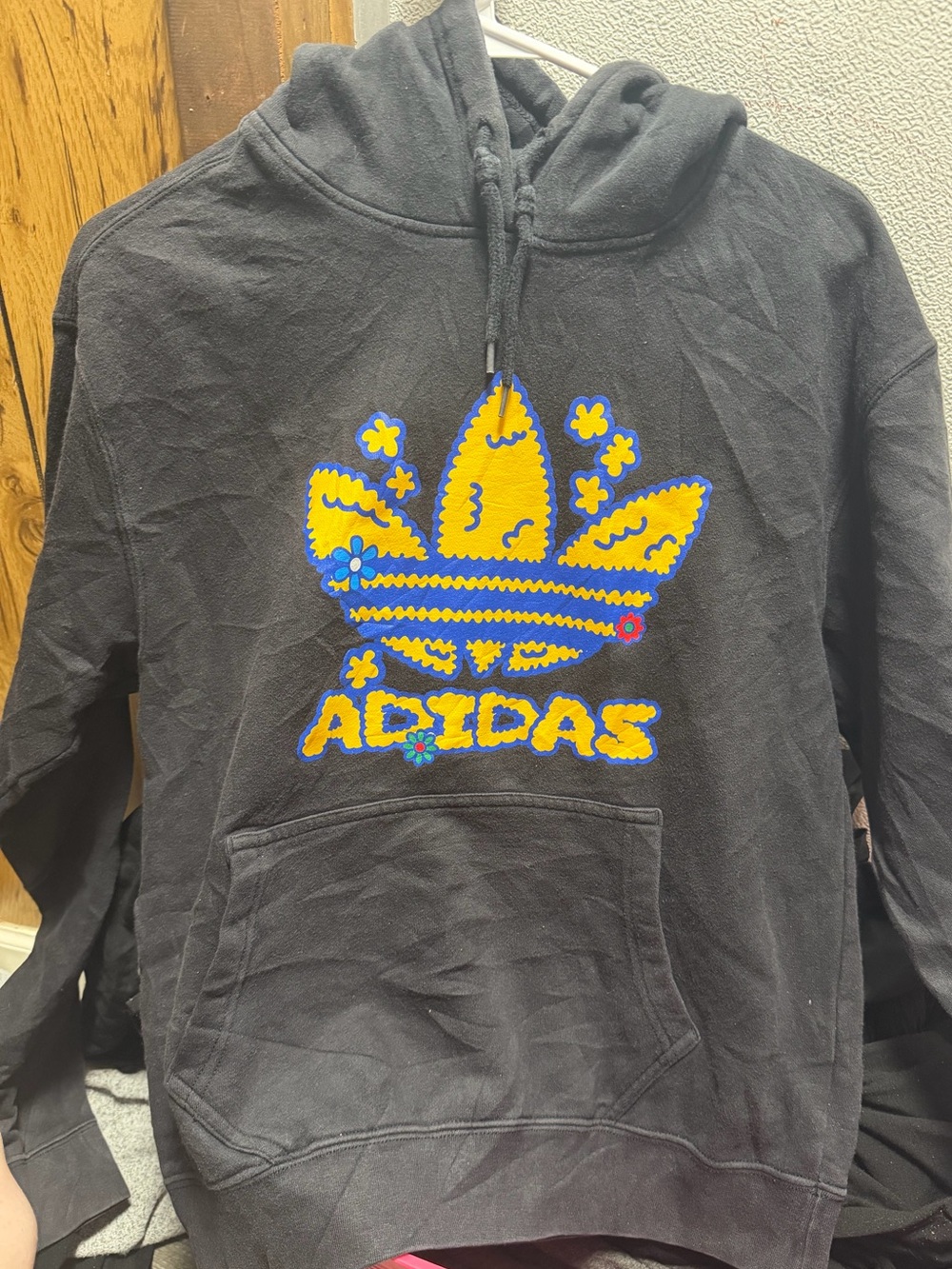 Adidas Black Hoodie with Yellow & Blue Trefoil Graphic best for size M